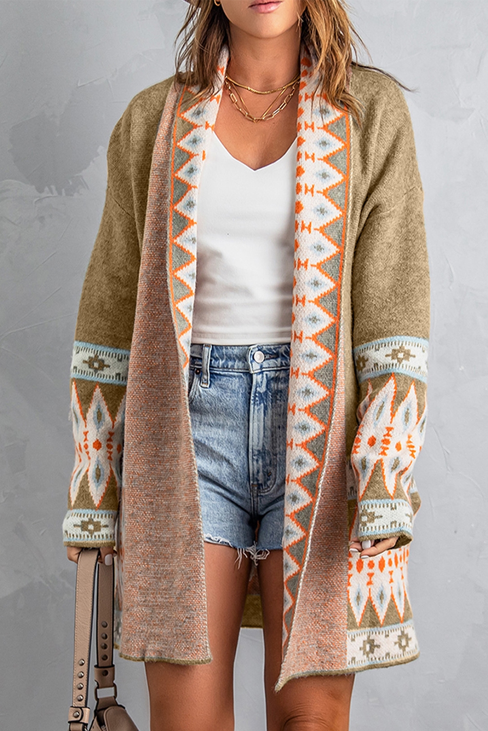 Brown Aztec Print Open Front Knitted Cardigan - loveforevers