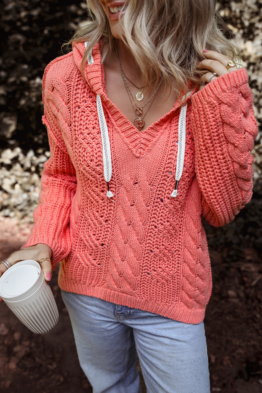 Gold Flame Cable Knit V Neck Contrast Drawstring Hooded Sweater - loveforevers