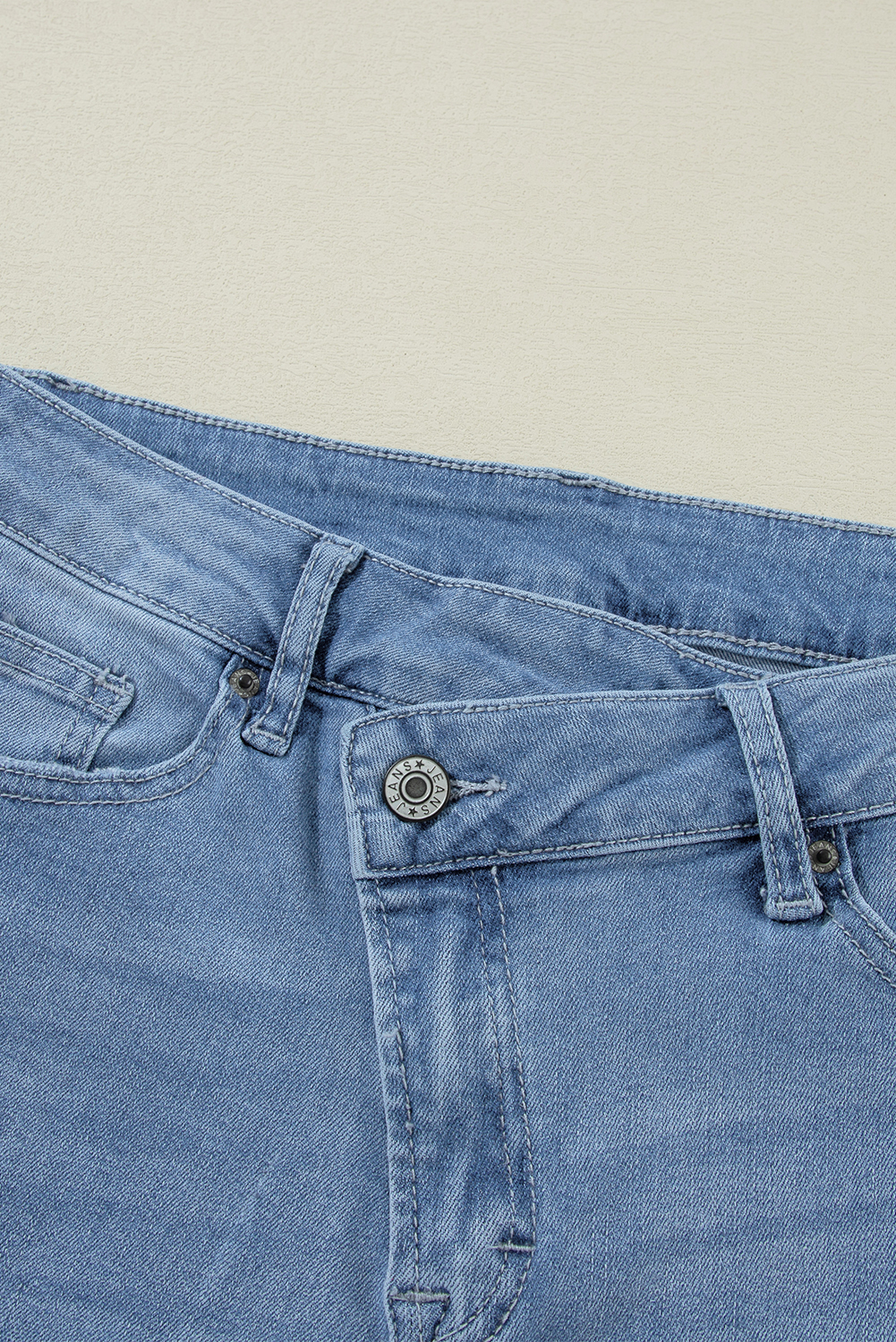 Dusk Blue High Rise Asymmetric Button Zip Fly Ripped Jeans - loveforevers