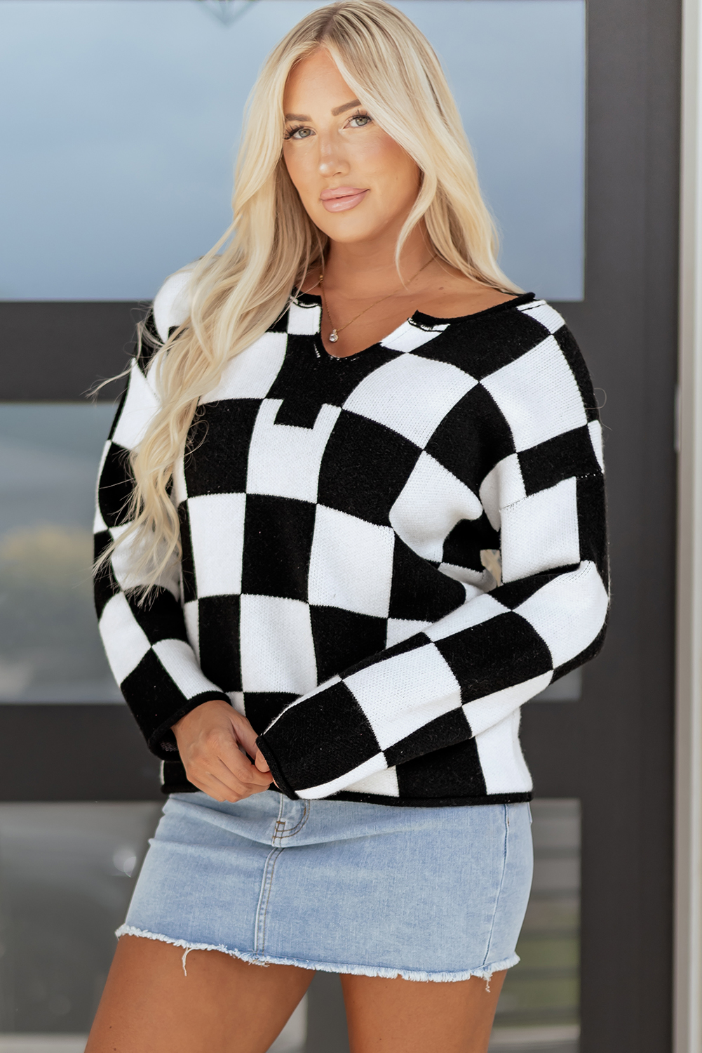 Black Checked Notched Neckline Drop Shoulder Knit Sweater - loveforevers