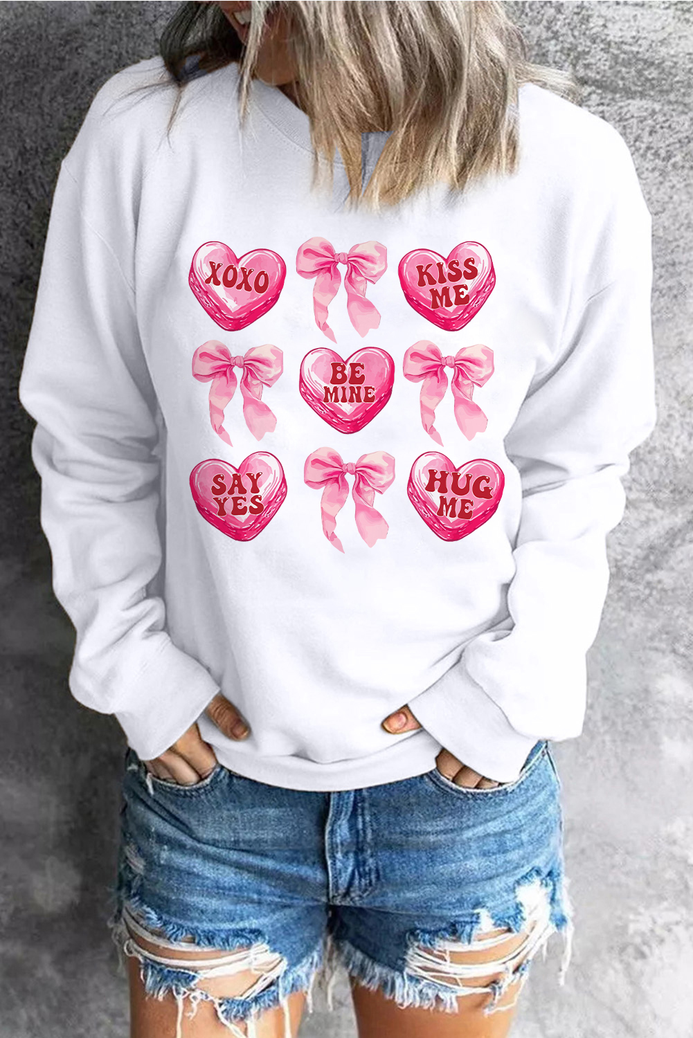 White Valentine Candy Heart & Bow Graphic Sweatshirt - loveforevers