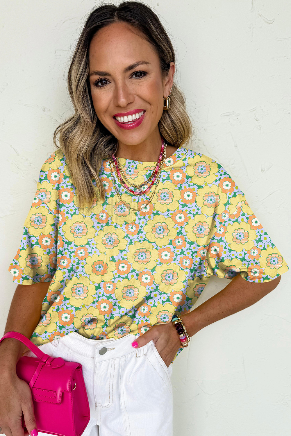 Yellow Summer Flower Printed Drop Shoulder Loose T Shirt - loveforevers
