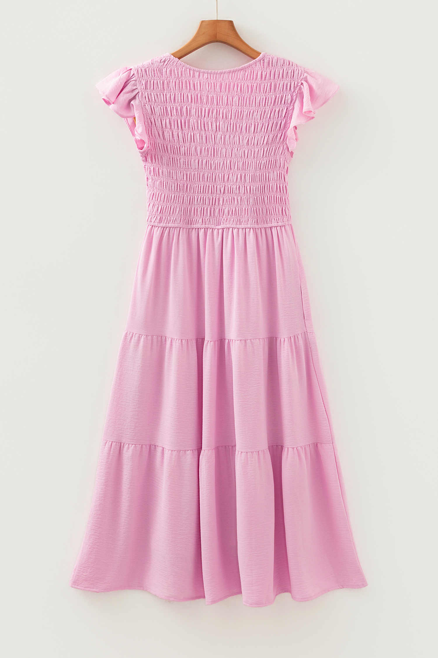 Pink Smocked Bodice Flutter Sleeve Fit Flare Tiered Midi Dress - loveforevers