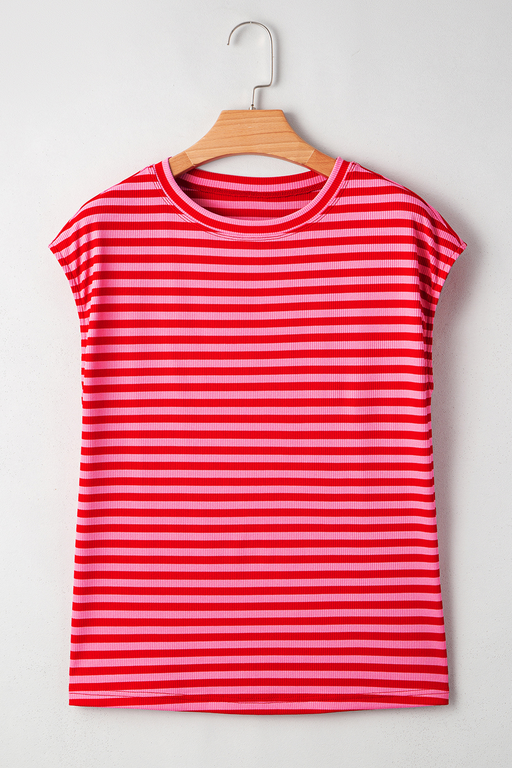 Sky Blue Stripe Ribbed Cap Sleeve Round Neck T Shirt - loveforevers