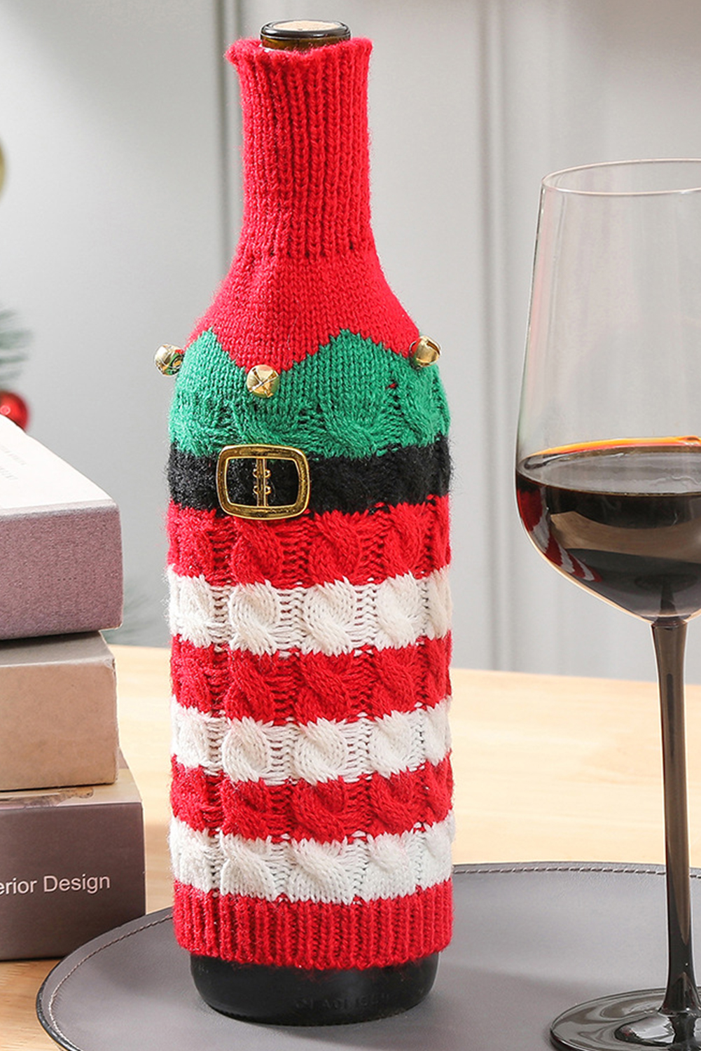 Racing Red Christmas Stripes Knitted Jingle Bell Wine Bottle Sleeve - loveforevers