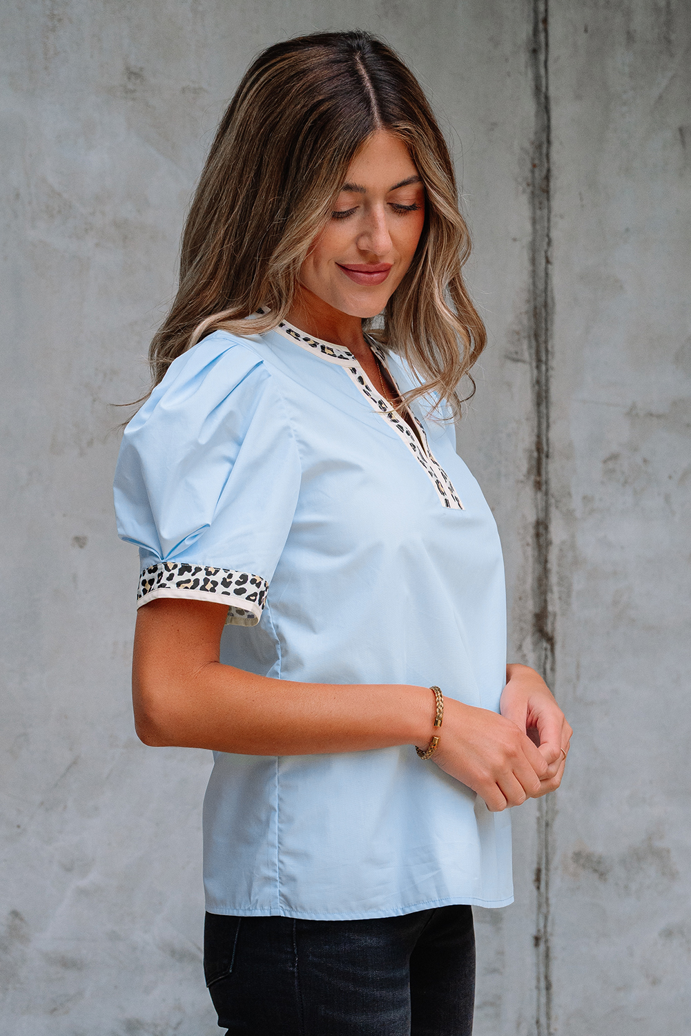 Buckskin Contrast Leopard Trim Split Neck Puff Sleeve Blouse - loveforevers