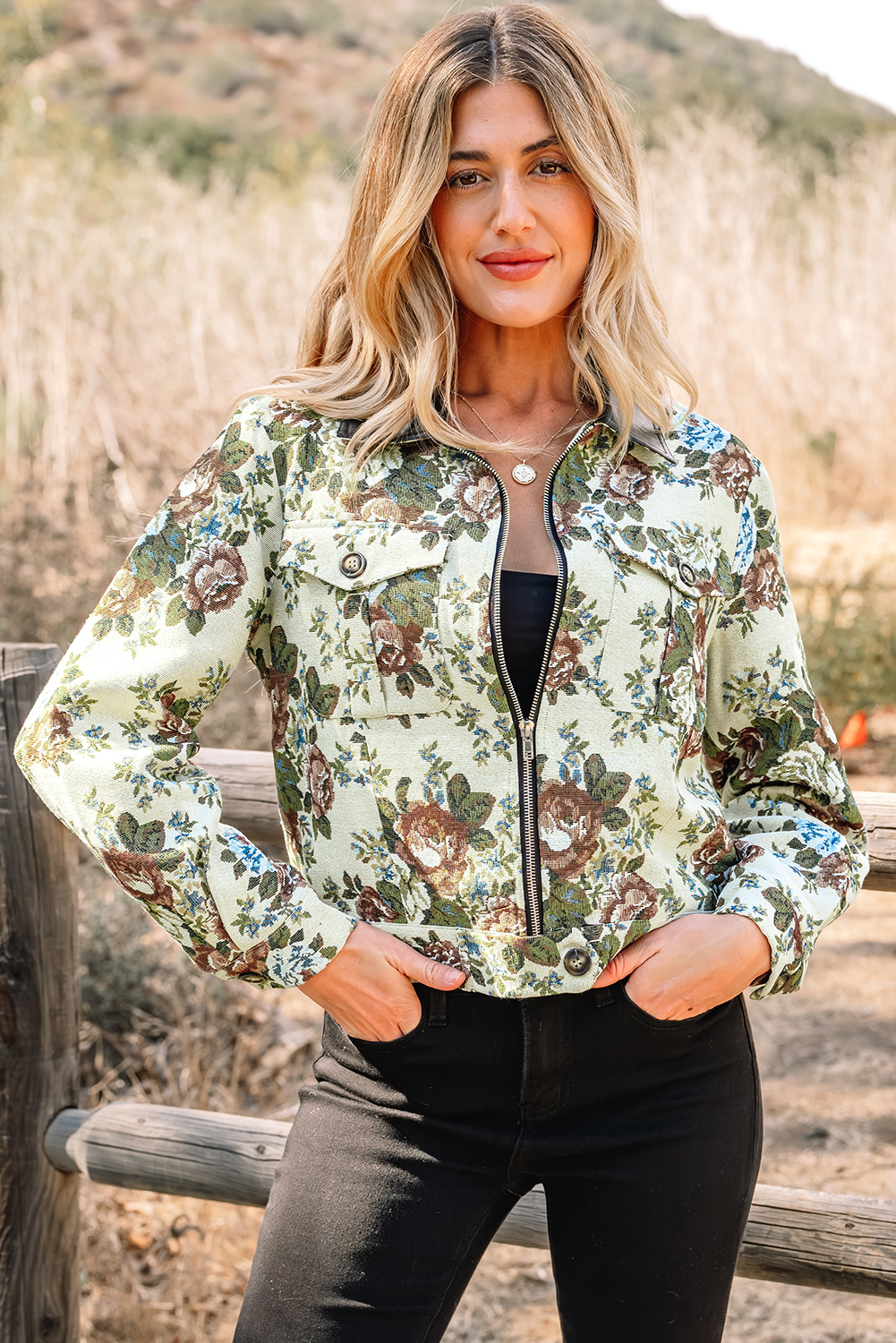 Khaki Floral Print Zip Up Contrast Collared Jacket - loveforevers