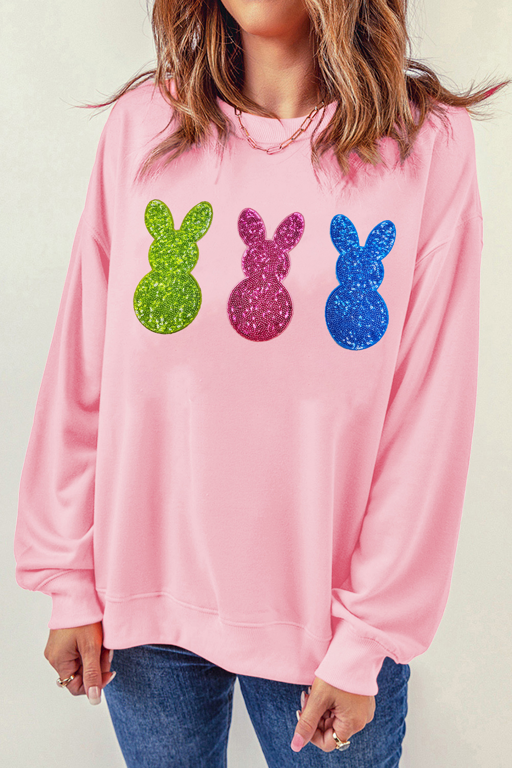 Pink Easter Bunny Patched Drop Shoulder Sweatshirt - loveforevers