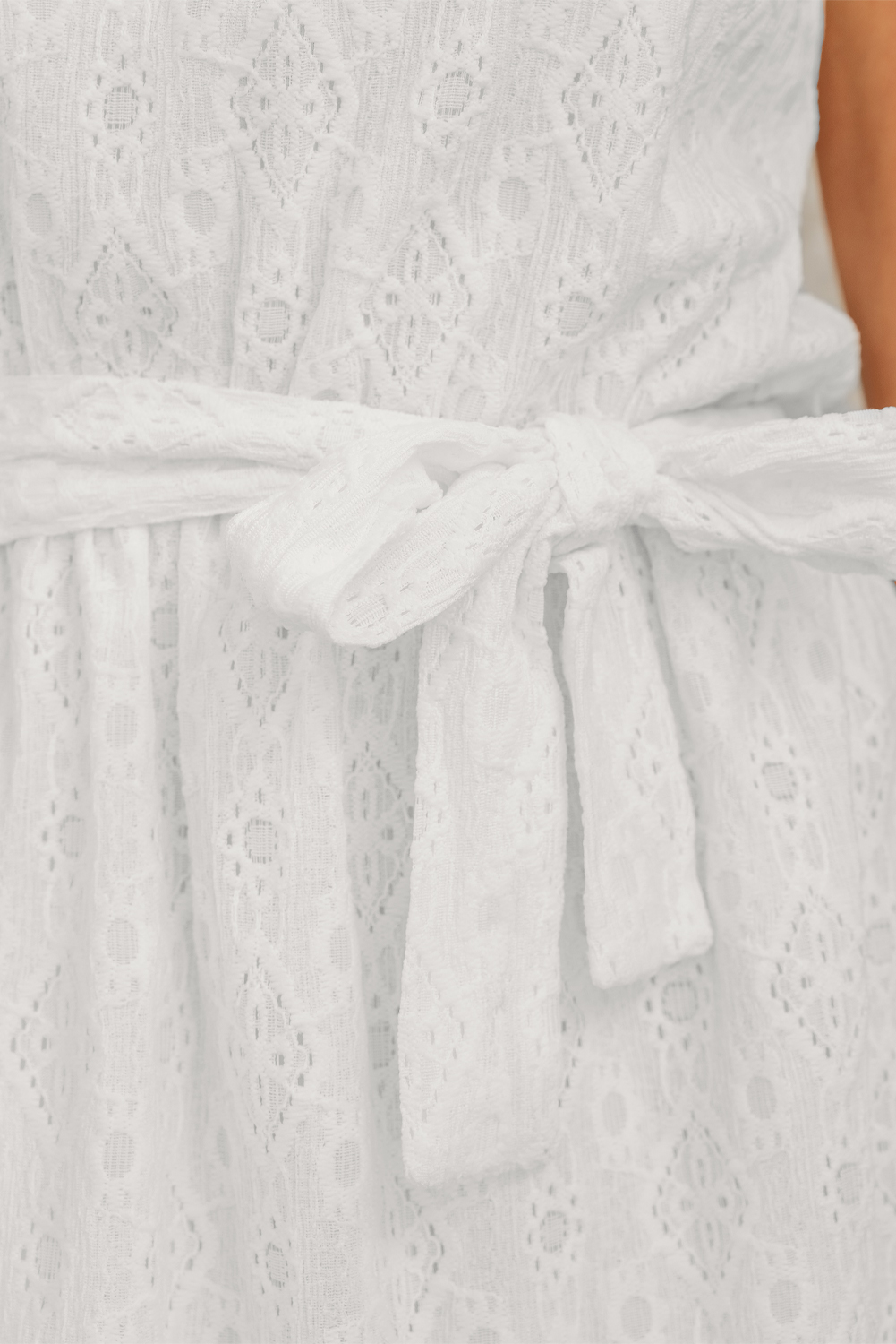 White Lace Sleeveless Knot Hollow Out Back Tied Waist Mini Dress - loveforevers