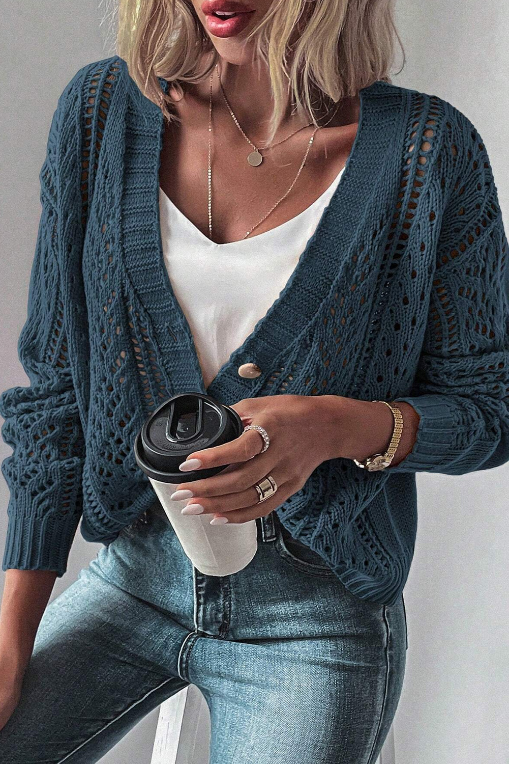 Dark Khaki Open Knit Drop Shoulder Sweater Cardigan - loveforevers