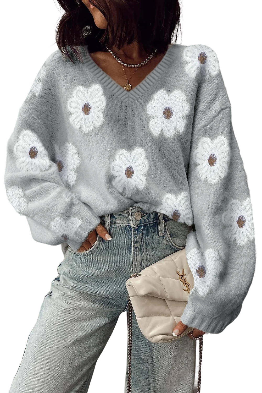 Gray Cute Flower Print V Neck Drop Shoulder Baggy Sweater - loveforevers