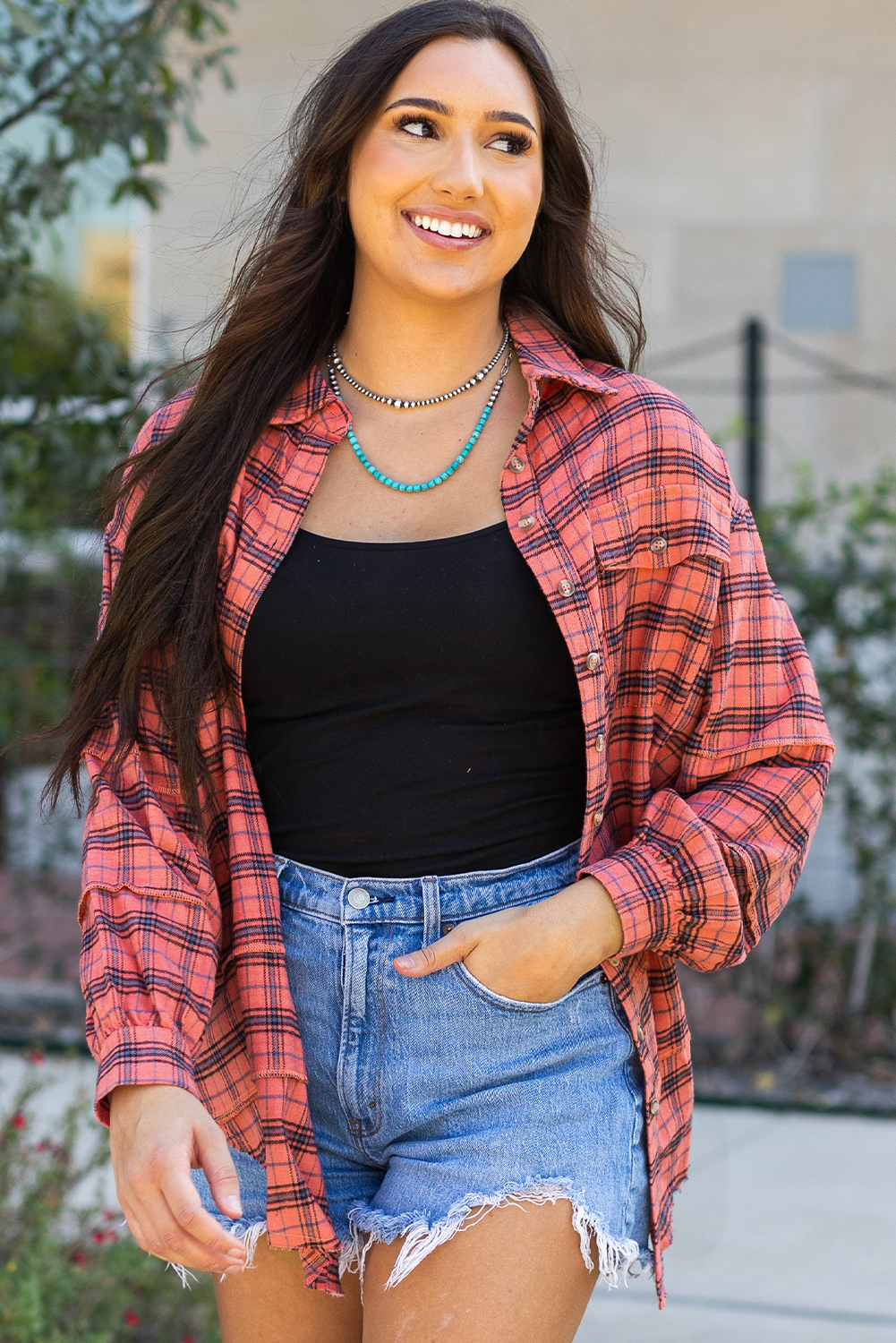 Red Plaid Long Sleeeve Side Split Distressed Hem Shirt - loveforevers