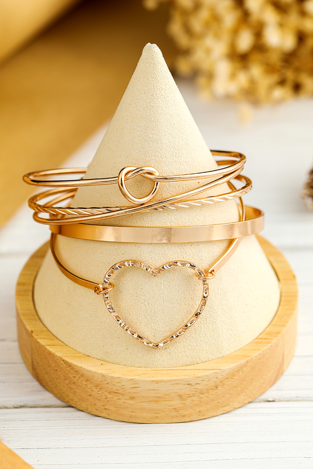 Gold Heart Knot Plated Multi Layer Open Cuff Bracelet Set - loveforevers