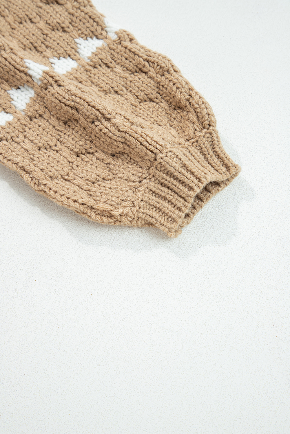 Pale Khaki Contrast Detail Textured Knit Puff Sleeve Baggy Sweater - loveforevers