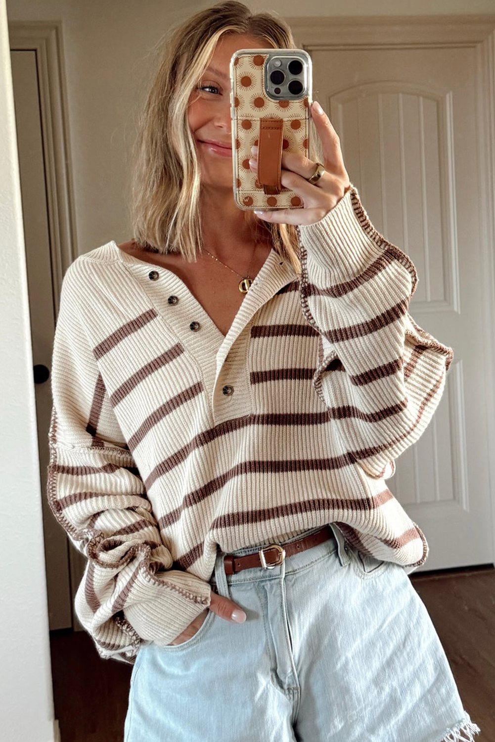 Brown Stripe Ribbed Henley Drop Shoulder Slouchy Sweater - loveforevers