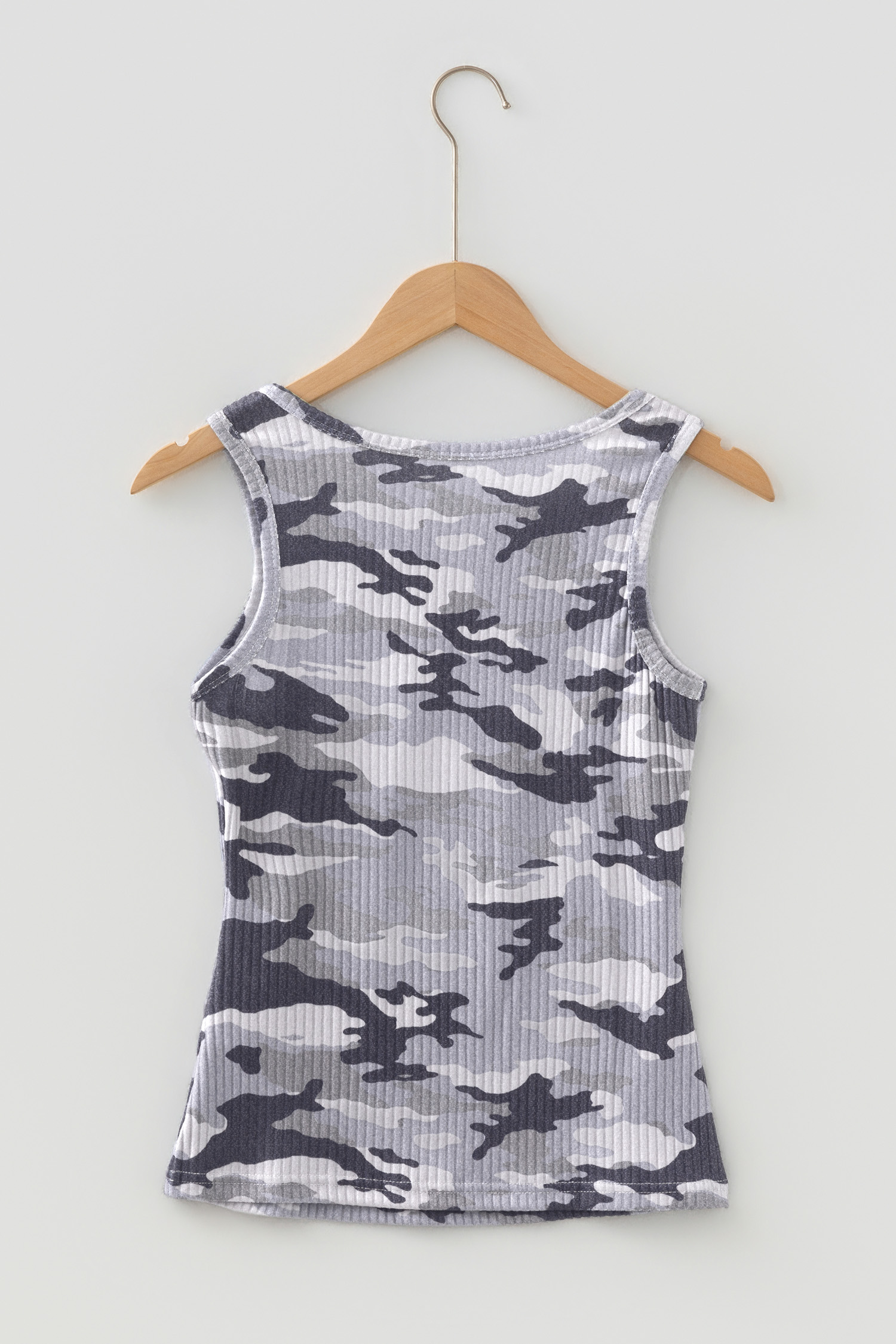 Gray Camouflage Print Ribbed Knit Round Neck Tank Top - loveforevers