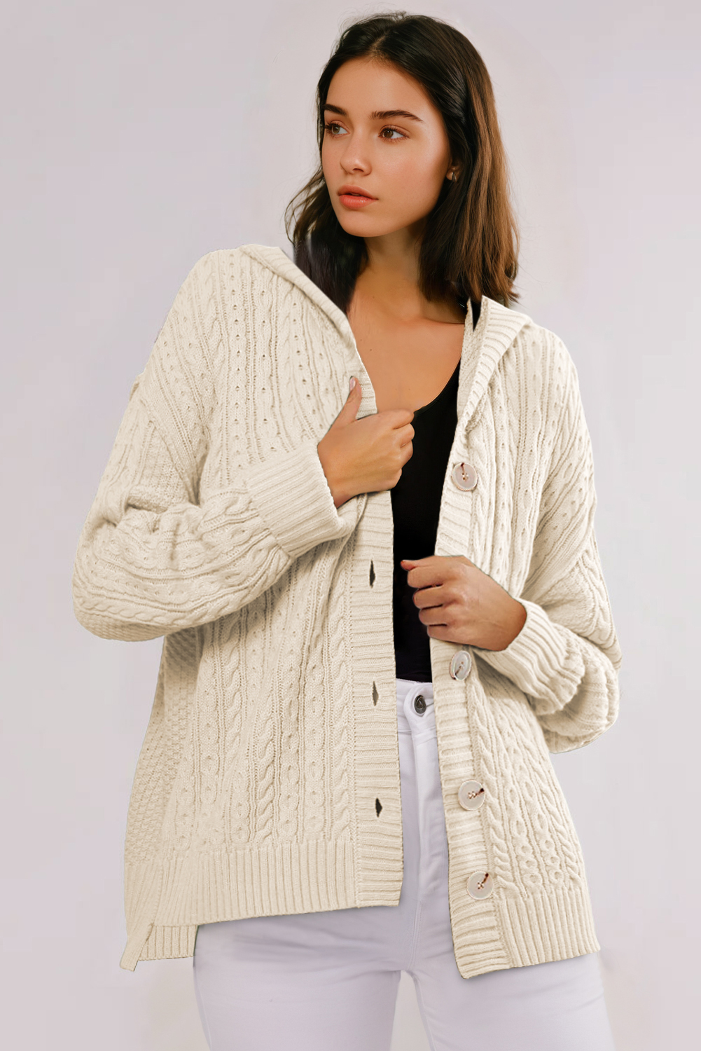 White Cable Knit Texture Uneven Hem Hooded Chic Cardigan - loveforevers
