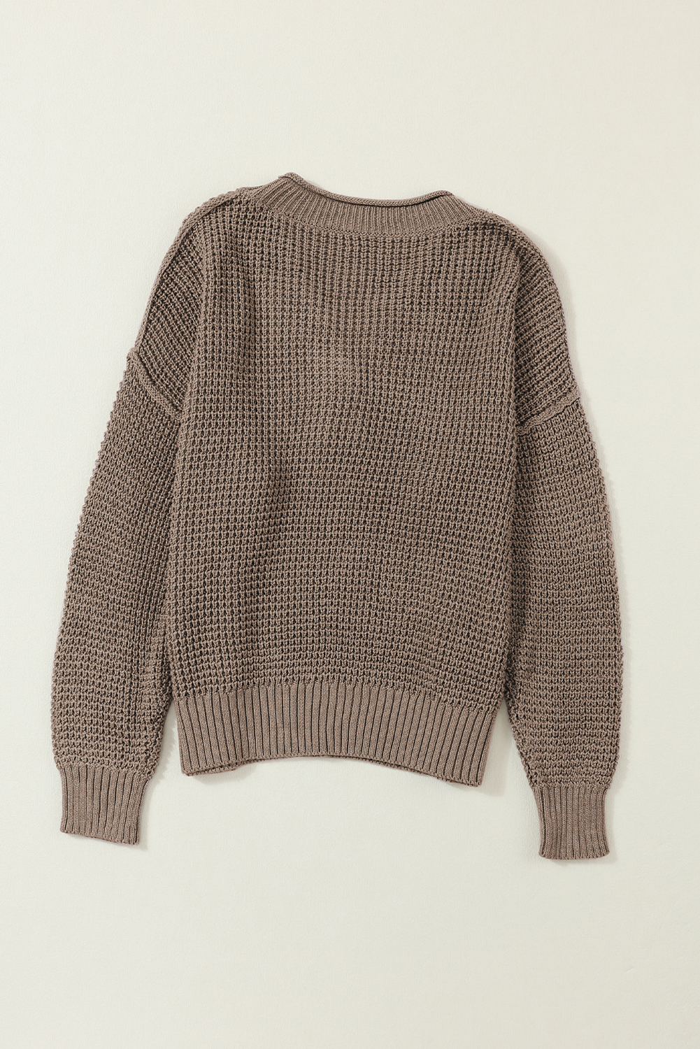 Khaki Pointelle Knit Button V Neck Drop Shoulder Sweater - loveforevers