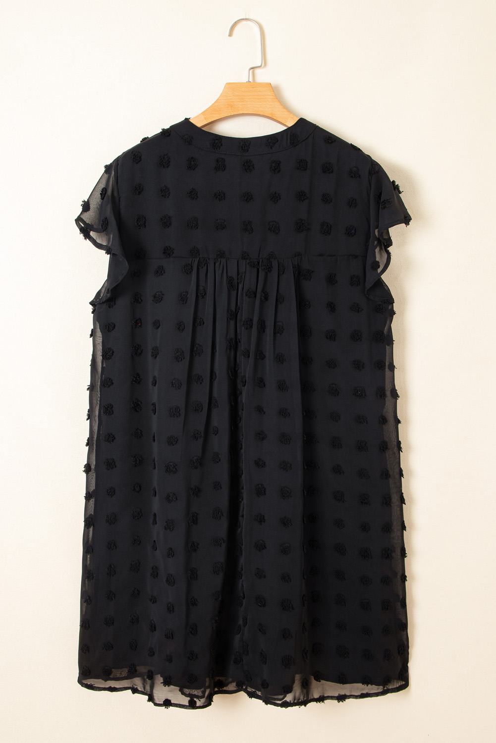 Black Dotty Textured Notched Neck Plus Ruffled Dress - loveforevers