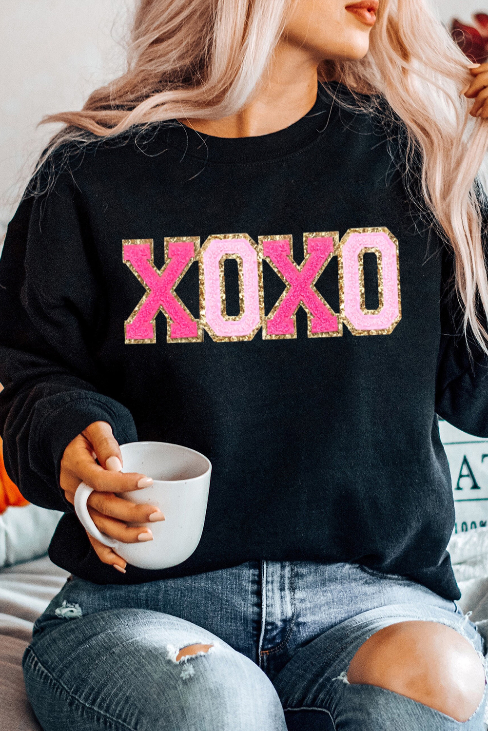 Black Chenille XOXO Patched Drop Shoulder Valentines Pullover Sweatshirt - loveforevers