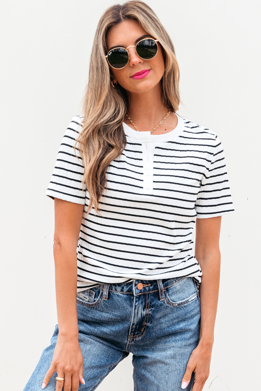 White Stripe Textured Short Sleeve Buttoned Henley Top - loveforevers