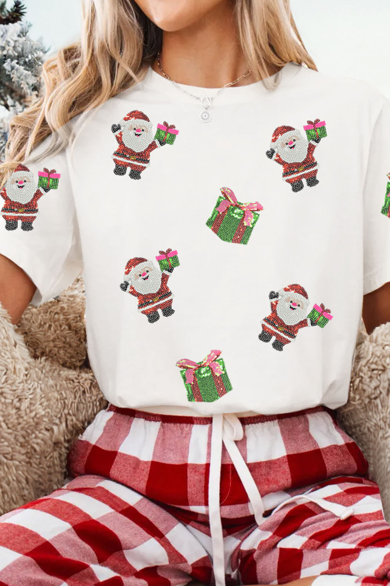 White Santa Deliver Gift Sequin Patched Christmas T Shirt - loveforevers