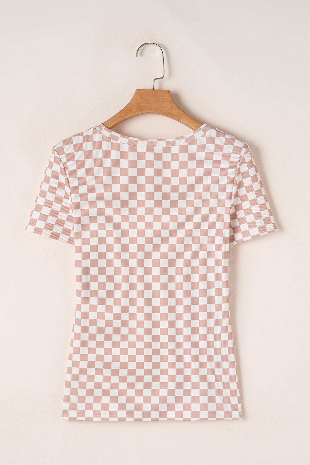 Pink Checkered Ribbed Slim Fit Crew Neck T Shirt - loveforevers