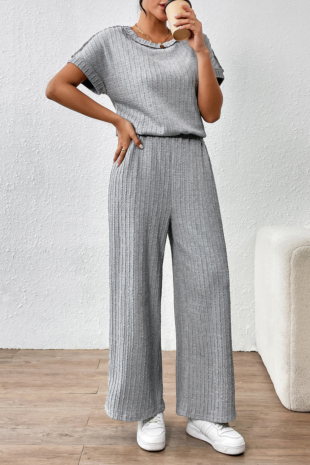 Gray Striped Texture Loose Tee and Pants Set - loveforevers