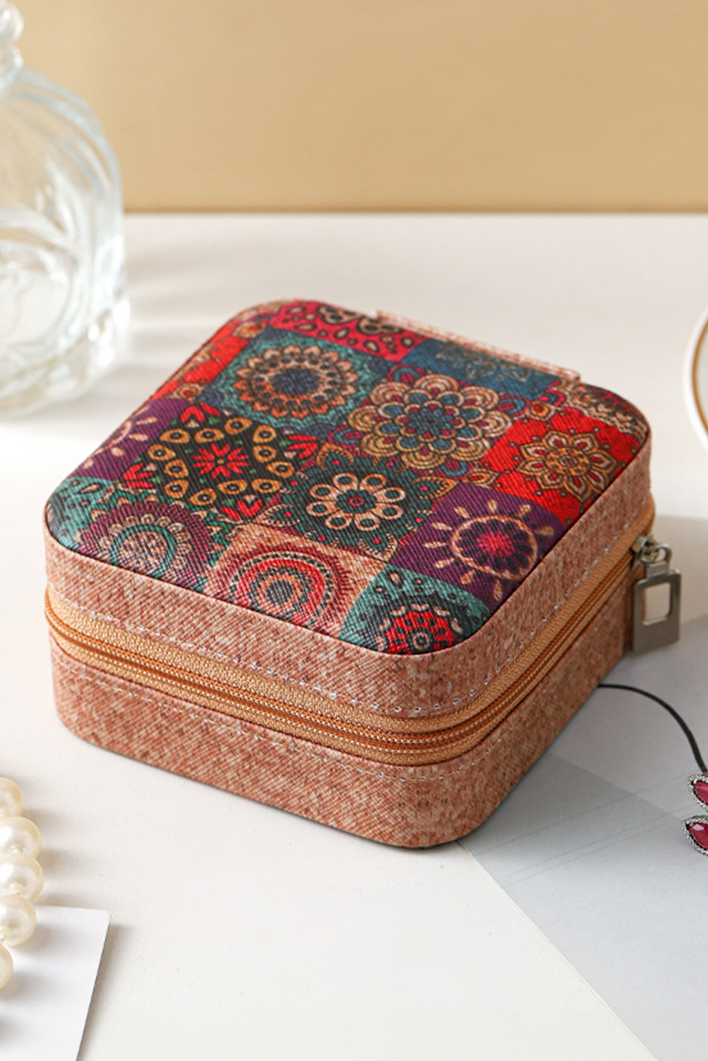 Light French Beige Retro Floral Print Portable Square Jewelry Box - loveforevers