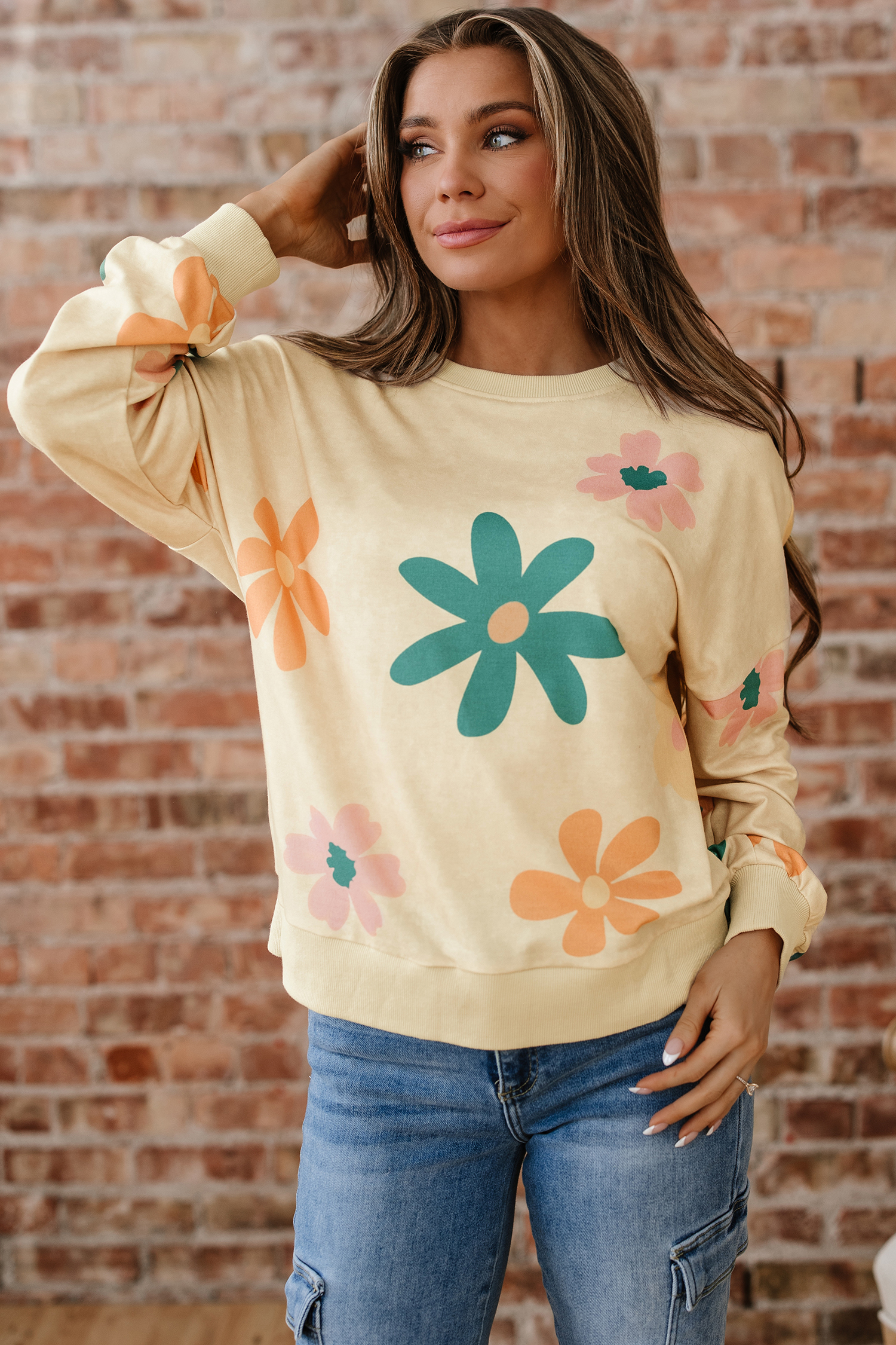 Khaki Mineral Washed French Terry Flower Print Sweatshirt - loveforevers