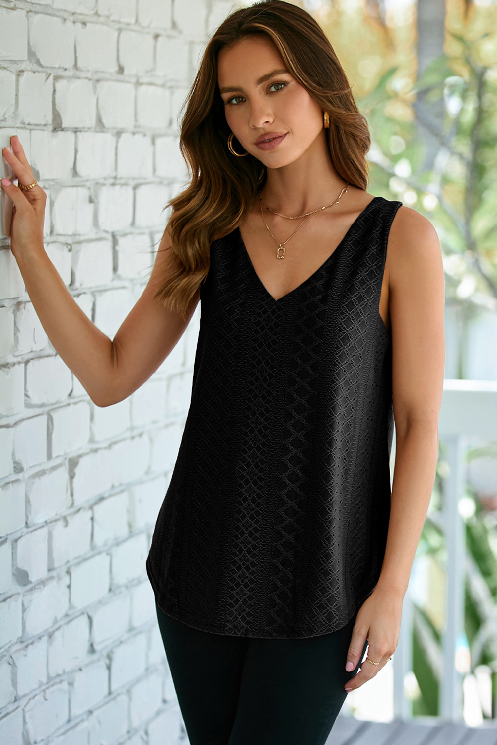 Coffee Eyelet Knit Patterned Loose V Neck Tank Top - loveforevers
