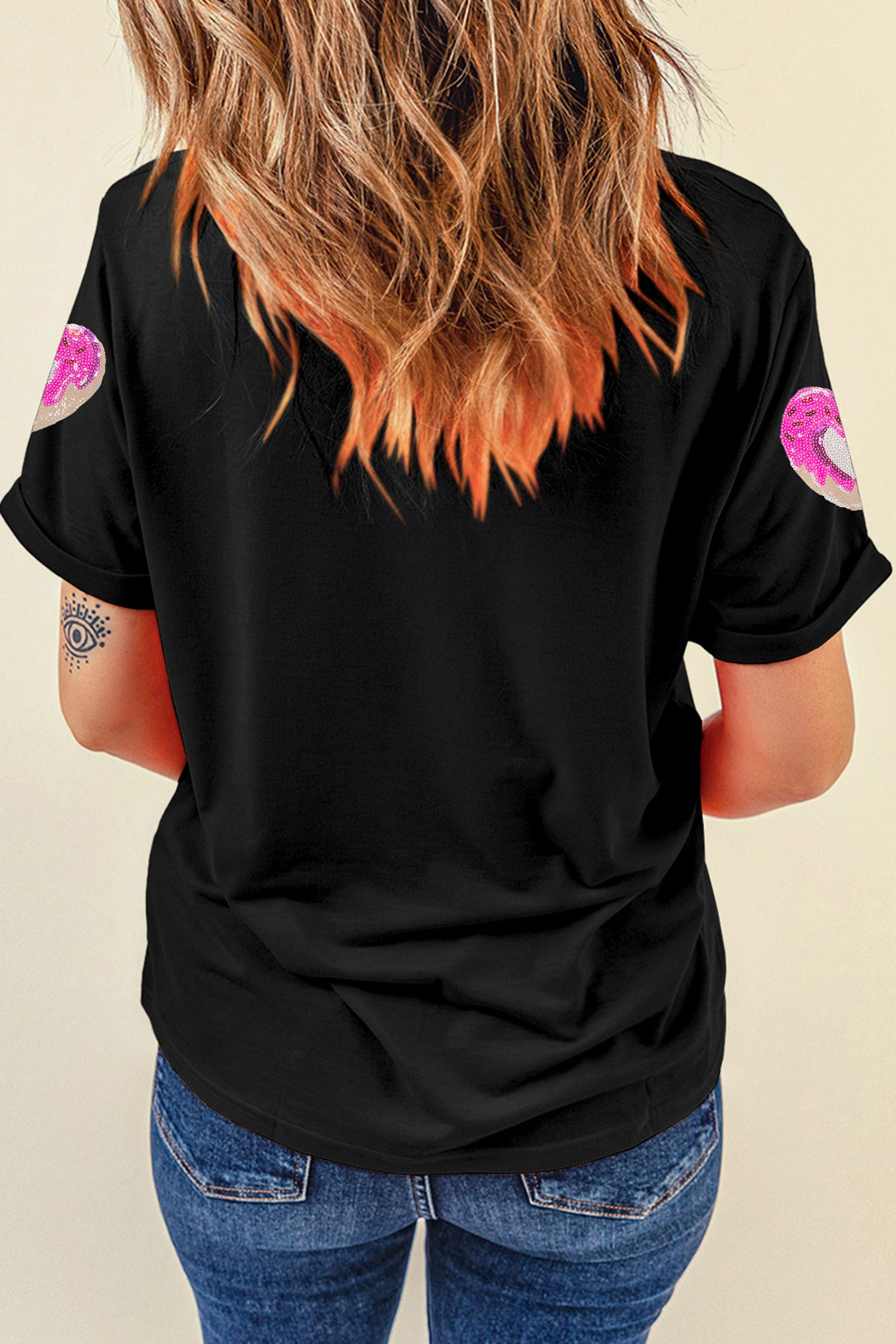 Black Sequin Donut Heart Valentines Graphic Tee - loveforevers