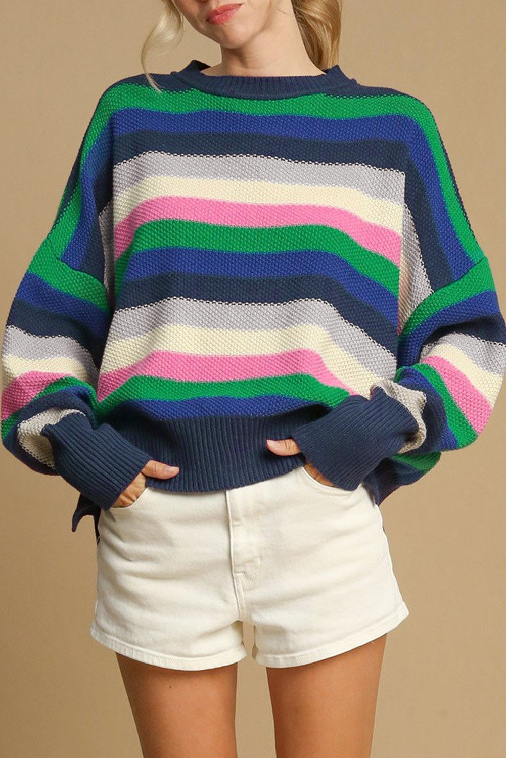 Bright Green Rainbow Striped Crew Neck Drop Shoulder Sweater - loveforevers