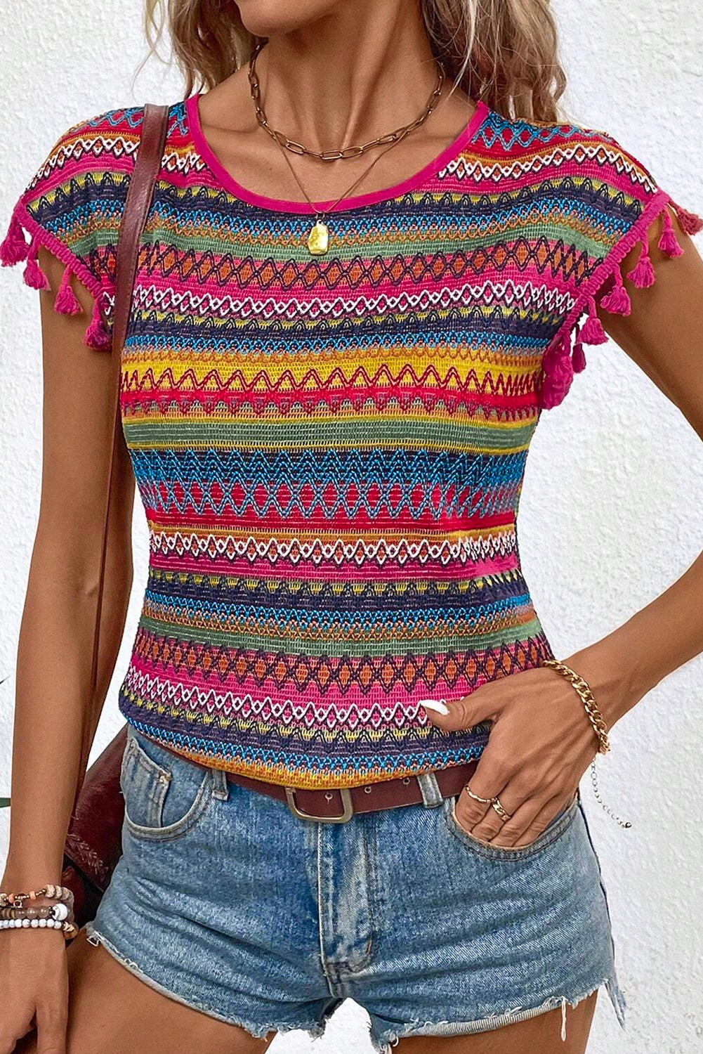 Rose Red Jacquard Textured Tasseled Cap Sleeve Top - loveforevers