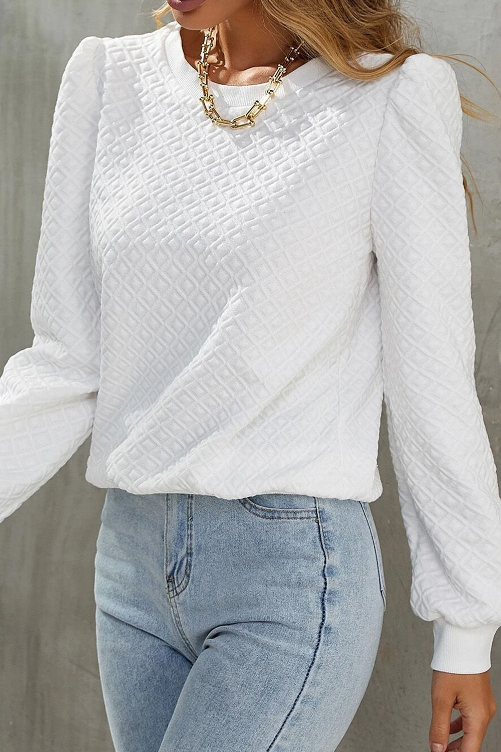 White Textured Puff Long Sleeve Round Neck Top - loveforevers