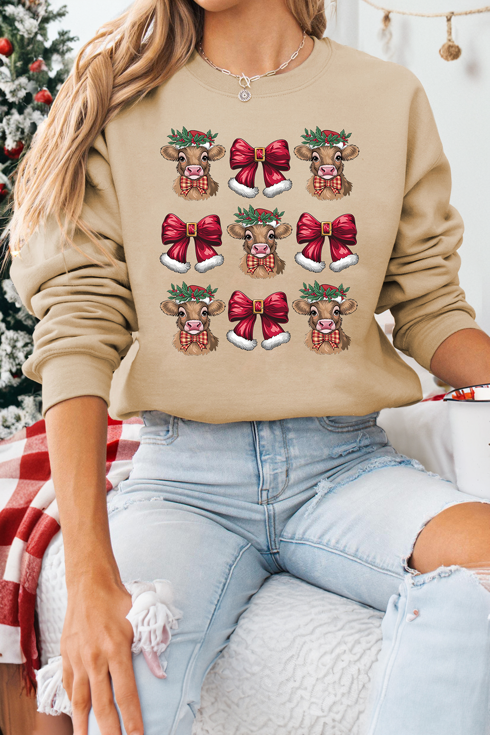 Khaki Christmas Heifer Bow Knot Print Womens Casual Sweatshirt - loveforevers