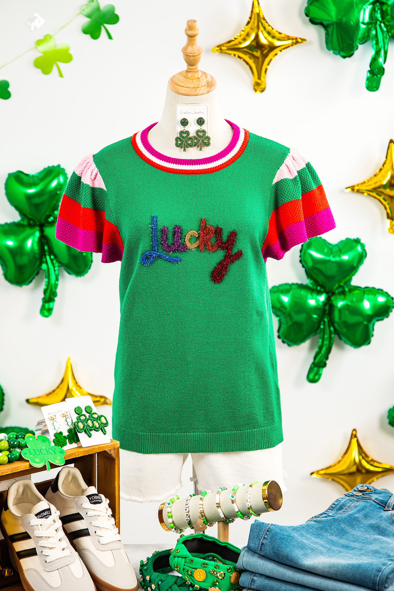 Bright Green Shiny Lucky Striped Flutter Sleeve Round Neck Sweater - loveforevers