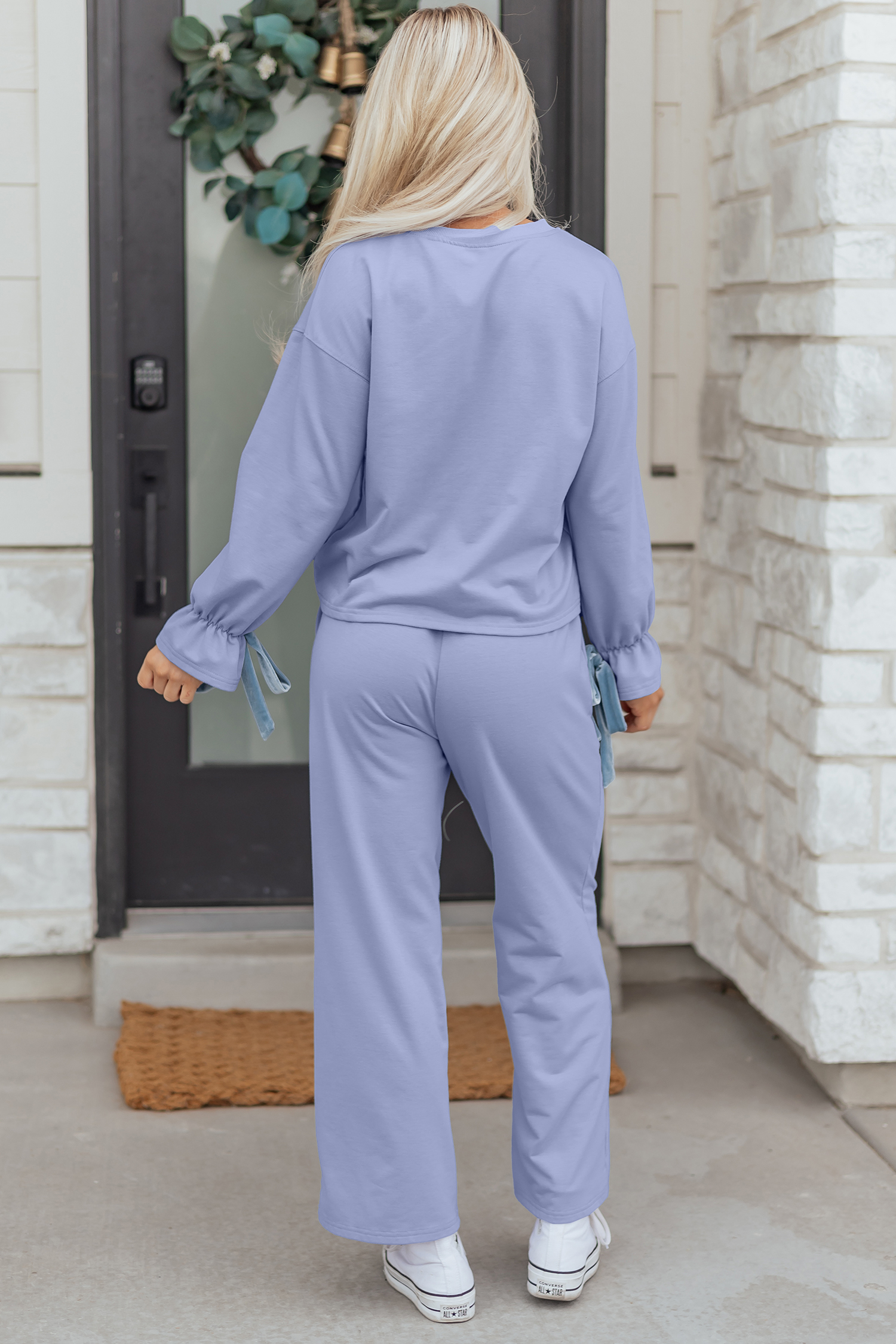 Beau Blue Flounce Long Sleeve Top Drawstring Pants Contrast Velvet Bow Knot 2pcs Lounge Set - loveforevers