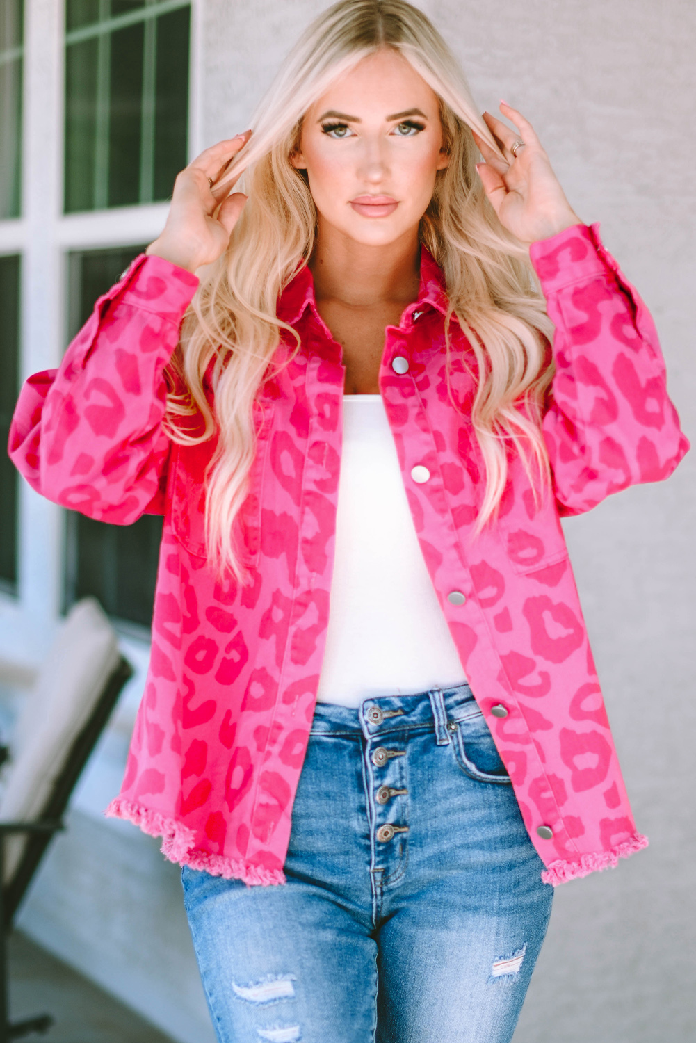 Pink Leopard Print Button Cuffs Raw Hem Jacket - loveforevers