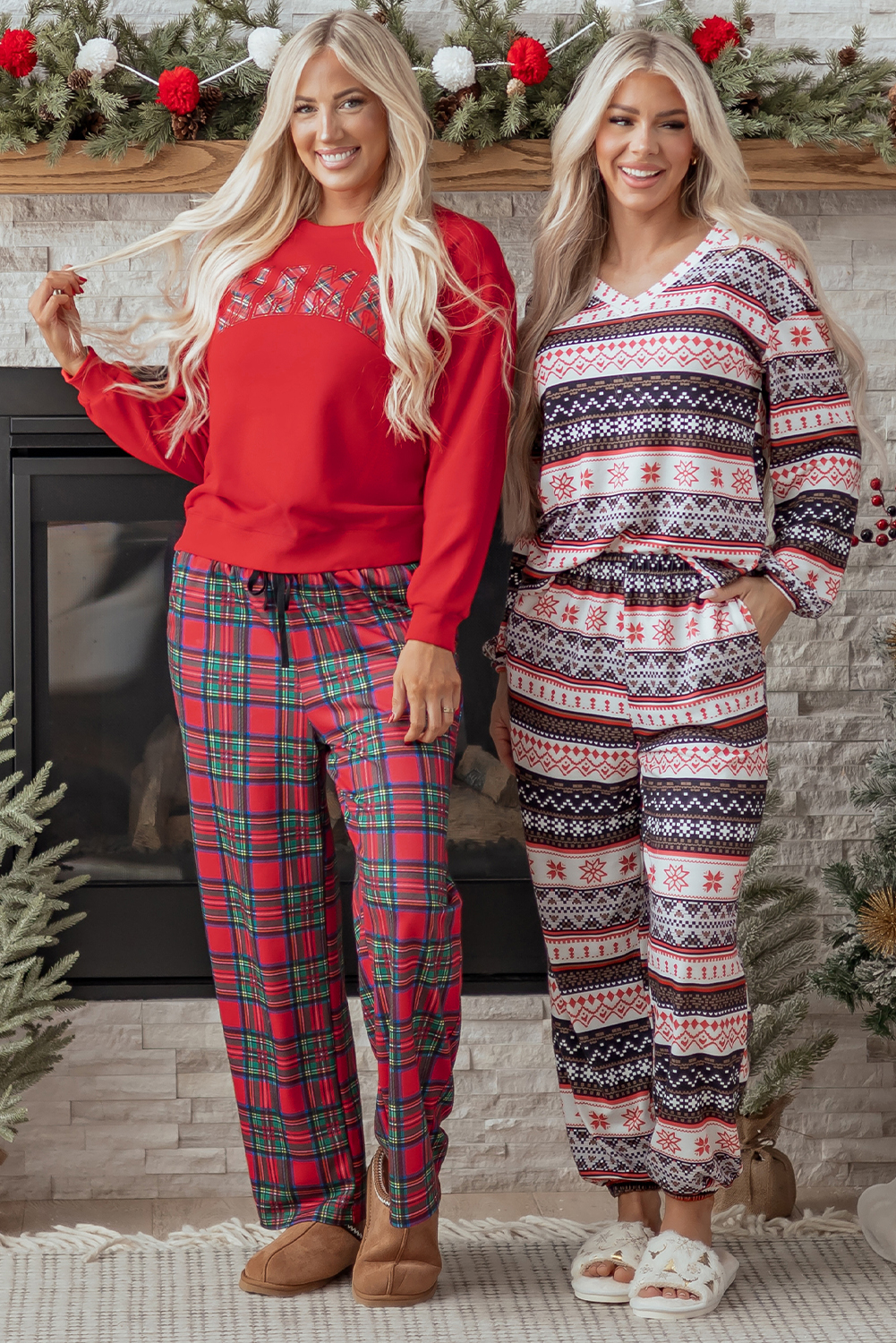 Black Retro Christmas Pattern Loose Pullover 2pcs Lounge Pant Set - loveforevers