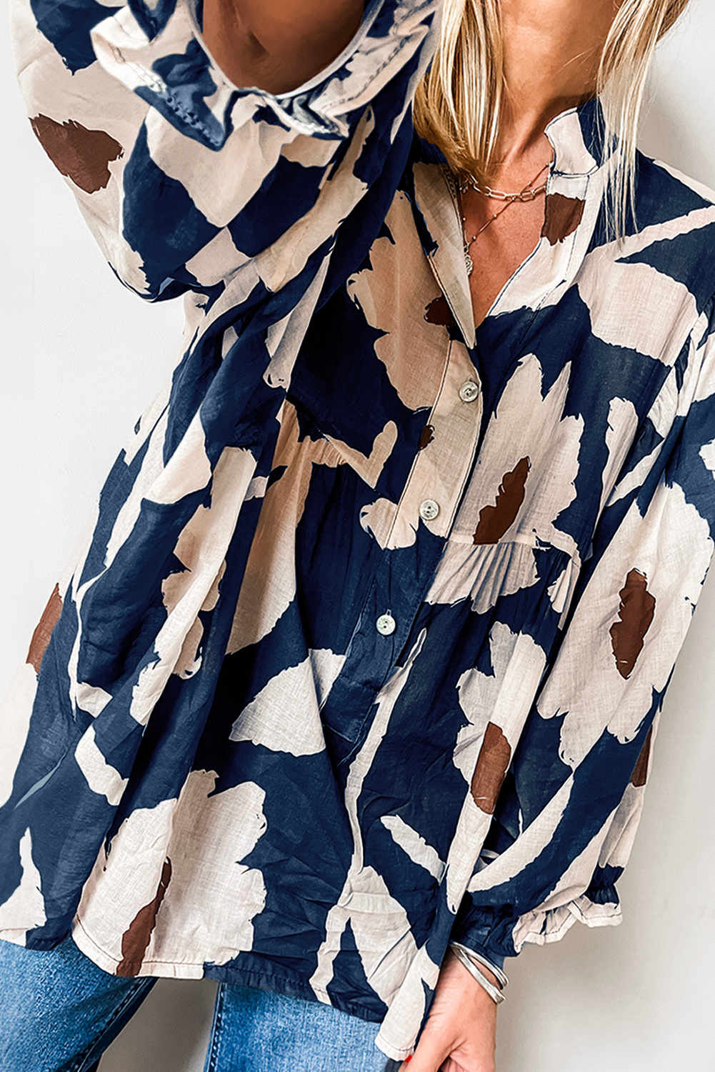 Sail Blue Abstract Floral Print Puff Sleeve Half Button Blouse - loveforevers