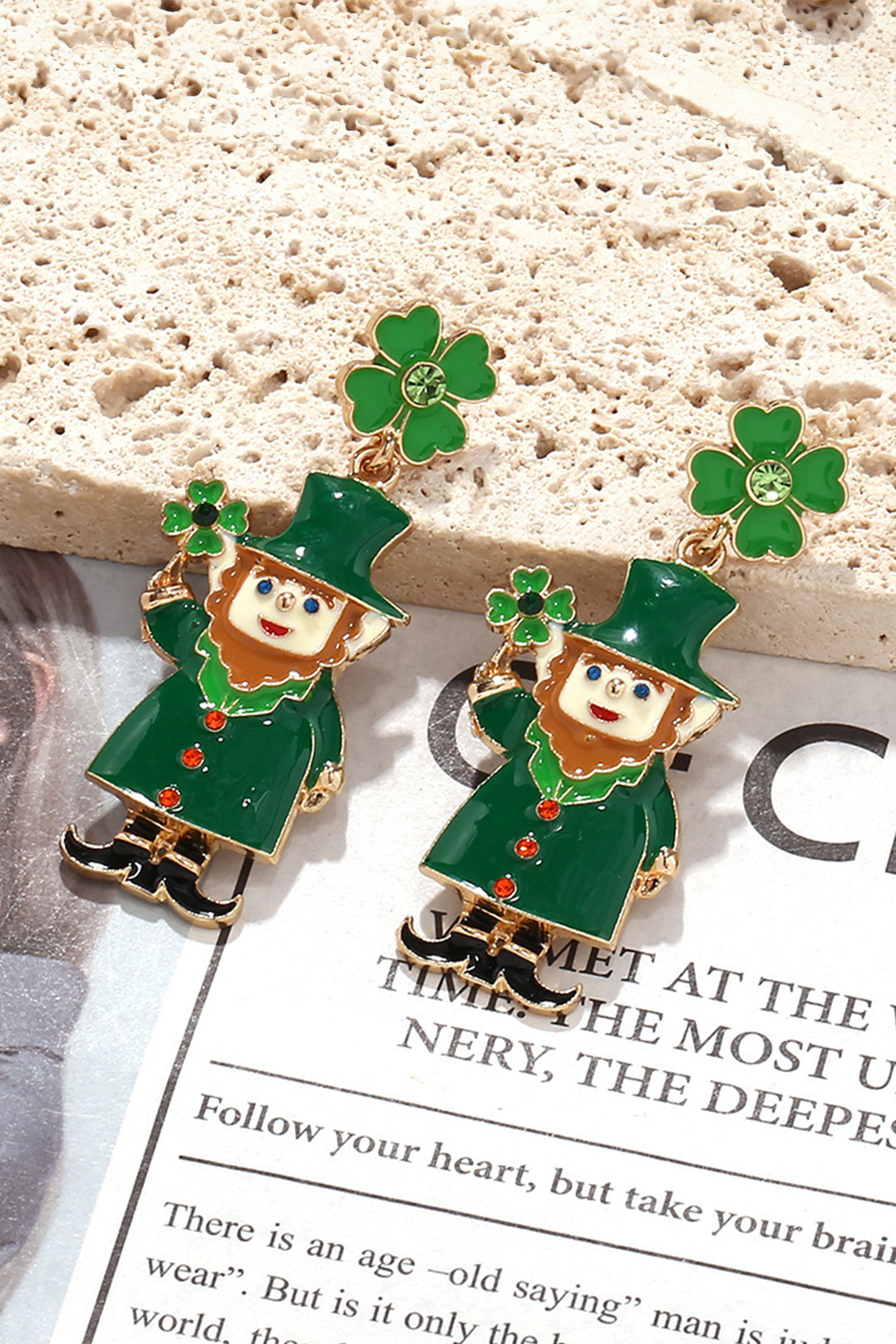 Dark Green St Patricks Day Enameled Leprechaun Drop Earrings - loveforevers