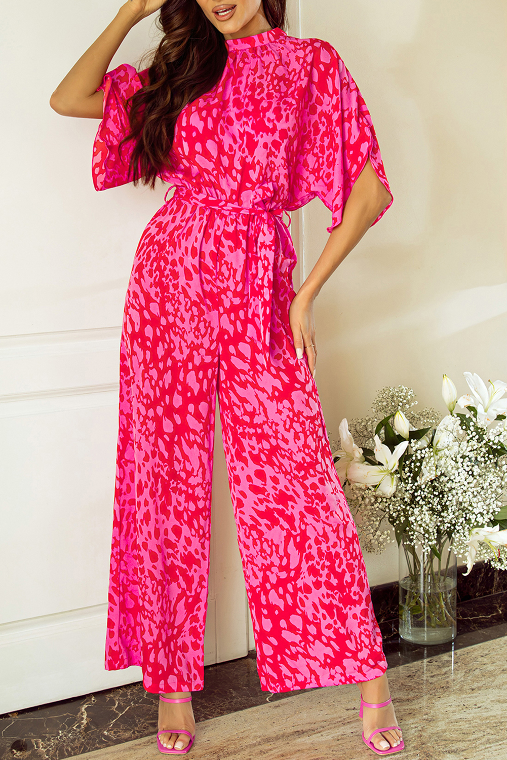 Rose Leopard Loose Sleeve Belted Wide Leg Jumpsuit - loveforevers