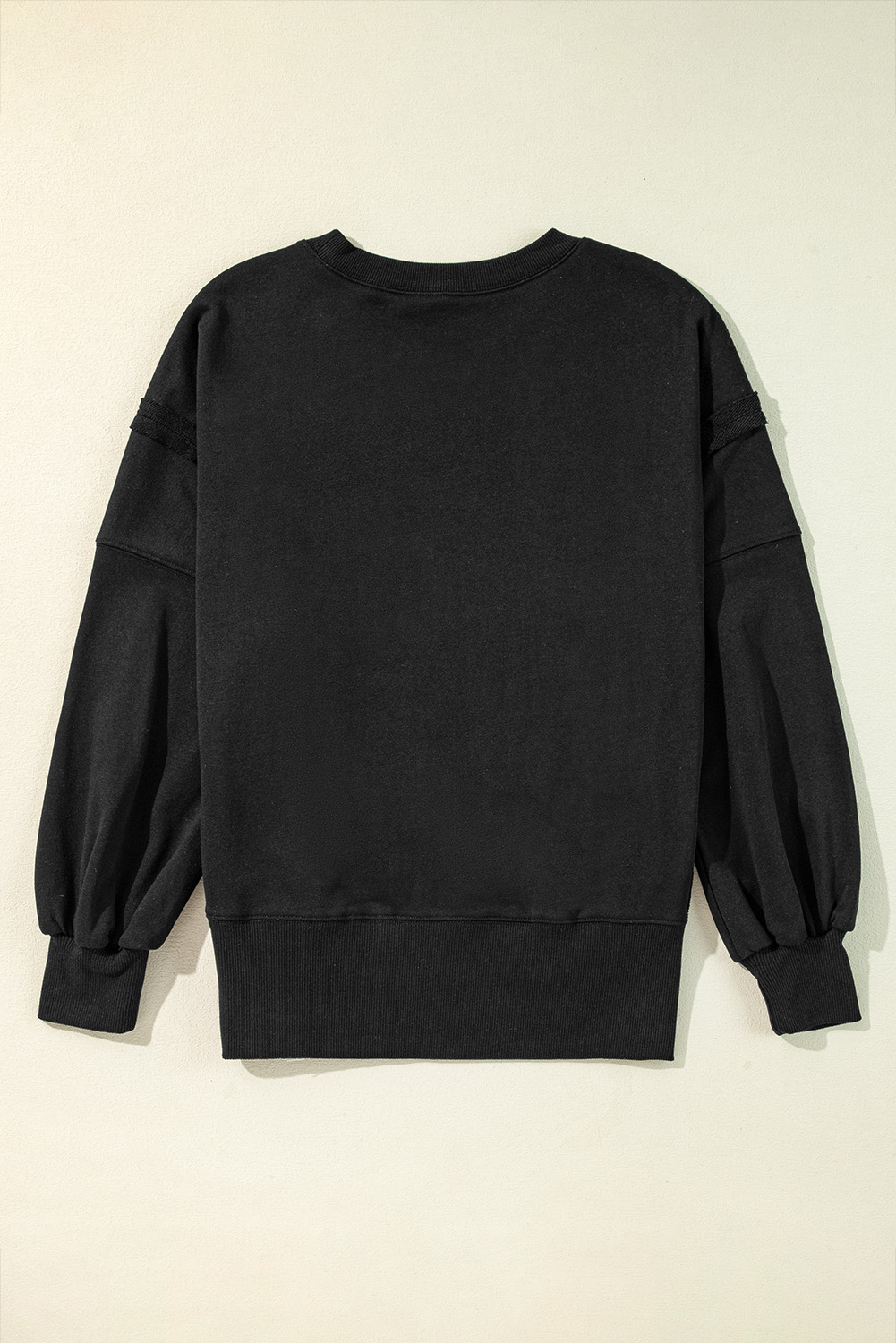 Black Exposed Seam Drop Shoulder Round Neck Sweatshirt with Slits - loveforevers