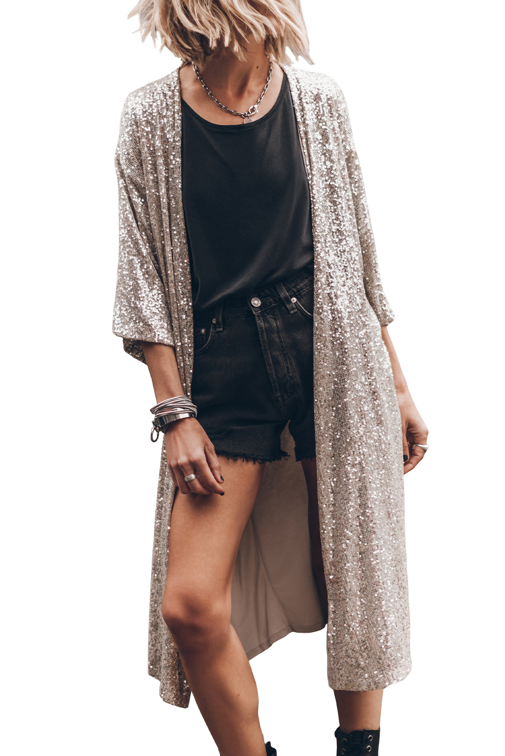 Apricot Sequin 3/4 Sleeve Open Front Duster Kimono - loveforevers
