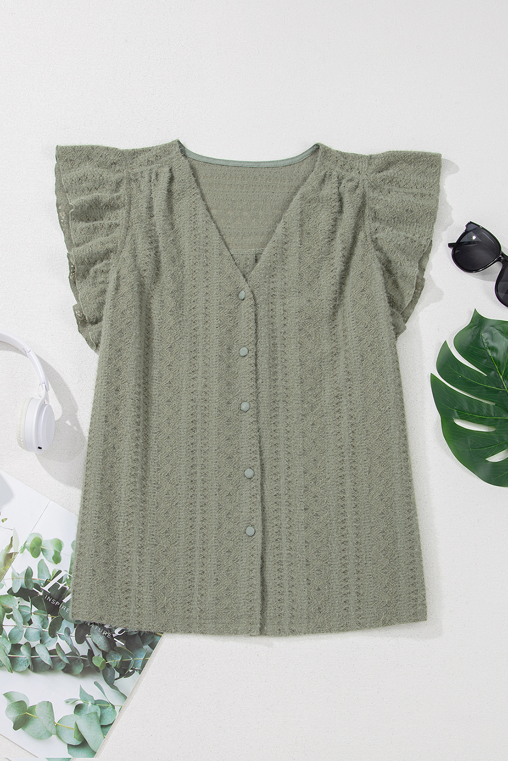Laurel Green Flutter Sleeve Lace V Neck Shirt - loveforevers
