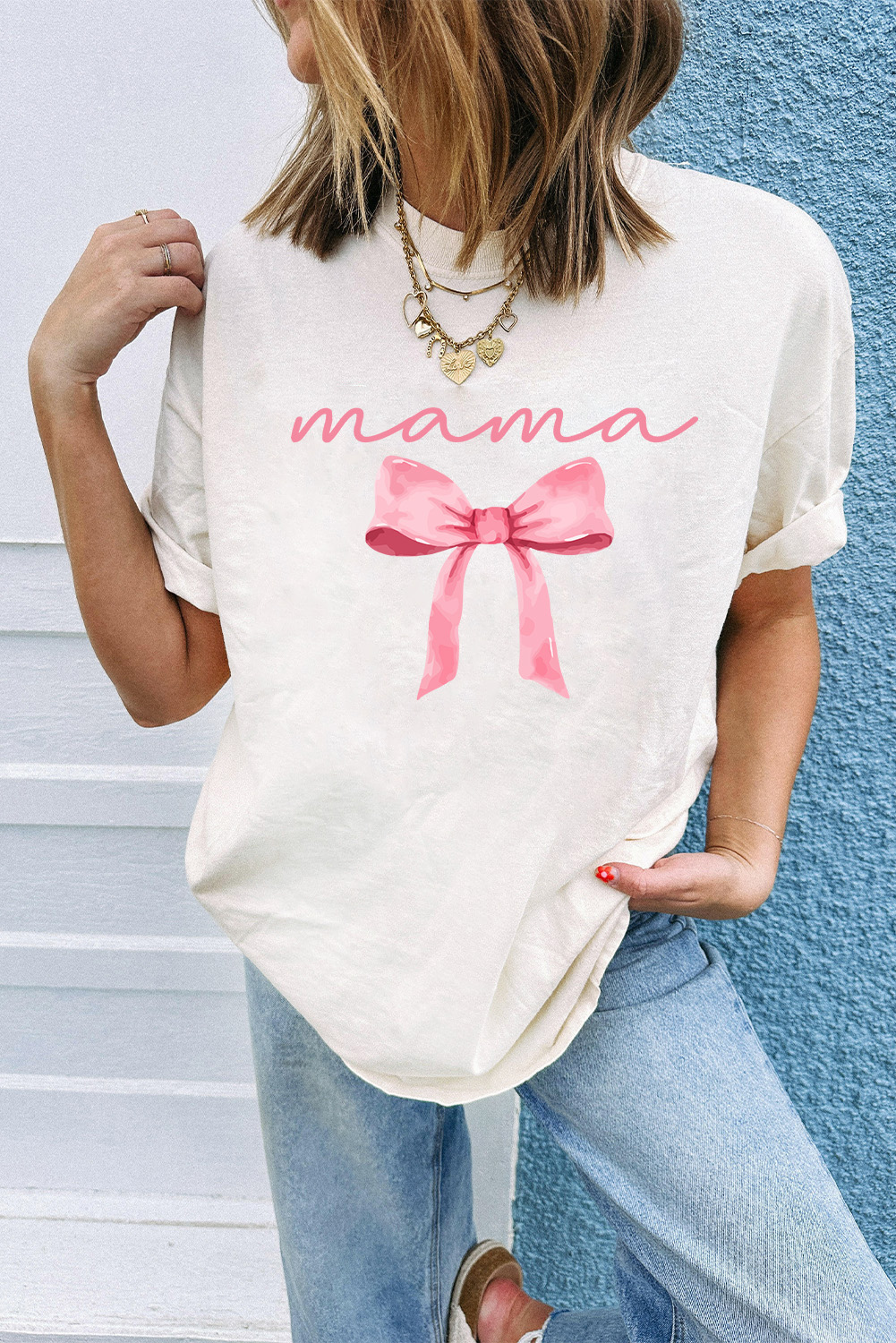 White MAMA Bowknot Graphic Crewneck Tee - loveforevers