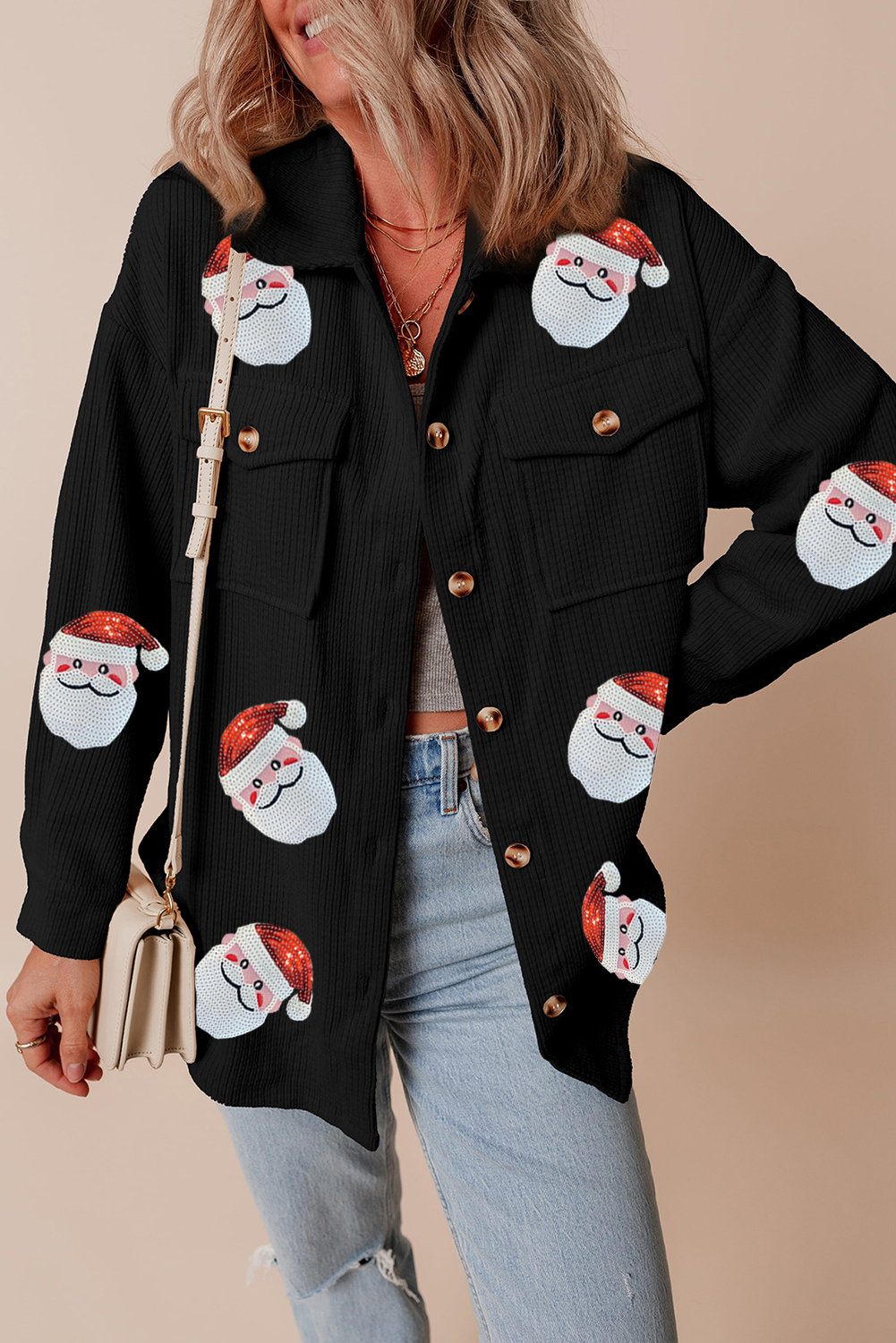 Black Sequin Father Christmas Graphic Button Down Ribbed Shacket - loveforevers