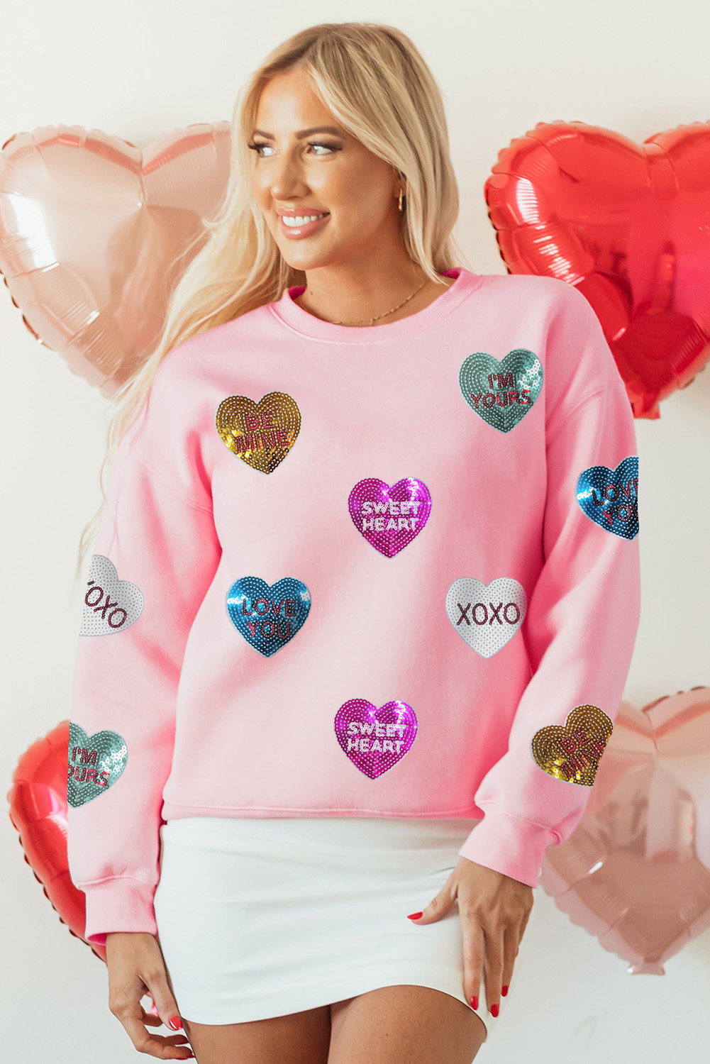 Pink Sequin Valentines Lettering Heart Patched Crewneck T Shirt - loveforevers
