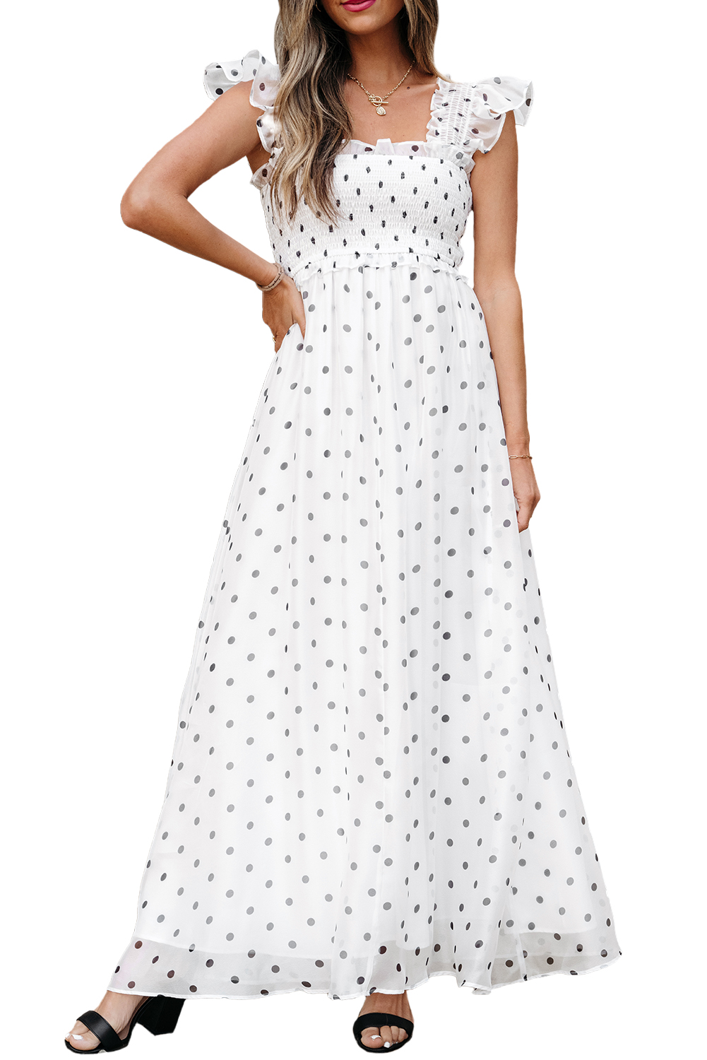 White Polka Dot Flutter Sleeve Square Neck Smocked Maxi Dress - loveforevers